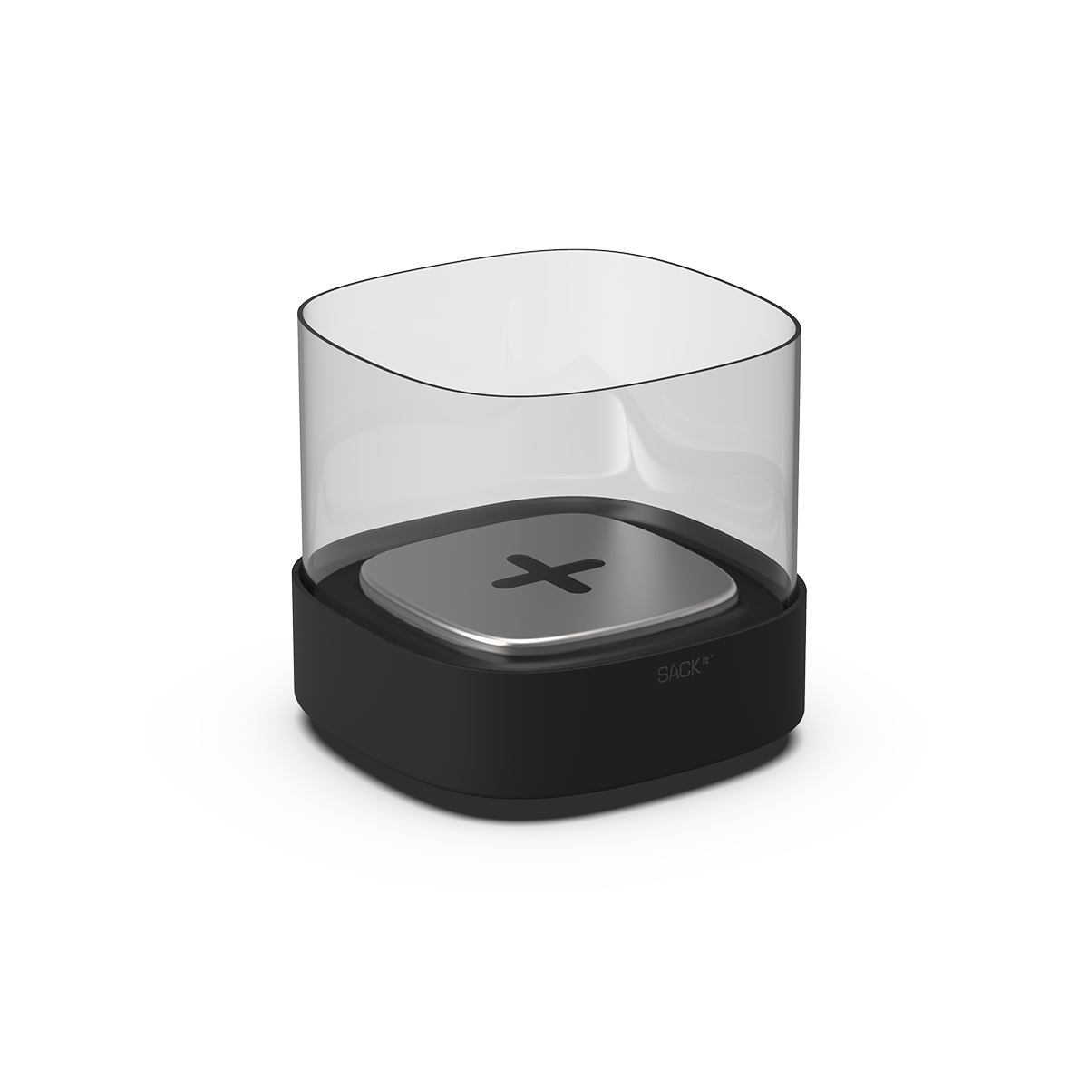 Sort pulverlakkert rustfritt stål Patio Accessory Stand med SACKit Bio Lamp i svart stål og glass.