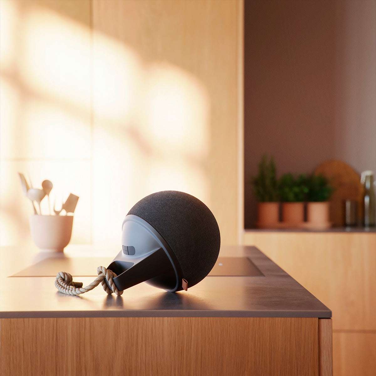 Sort pulverlakkert rustfritt stål Patio Accessory Stand Ø14 med Play høyttaler i hamp og polyester.