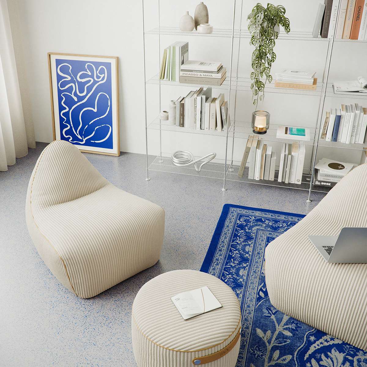 SACKit Pouf Indoor i Teddy Beige stoff, rund puf med myk kaldskumfylling og stropp på siden.