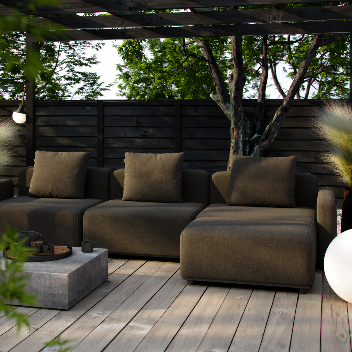 Cobana Lounge Sofa i svart uten armlener, modulbasert utesofa med rene skandinaviske linjer.