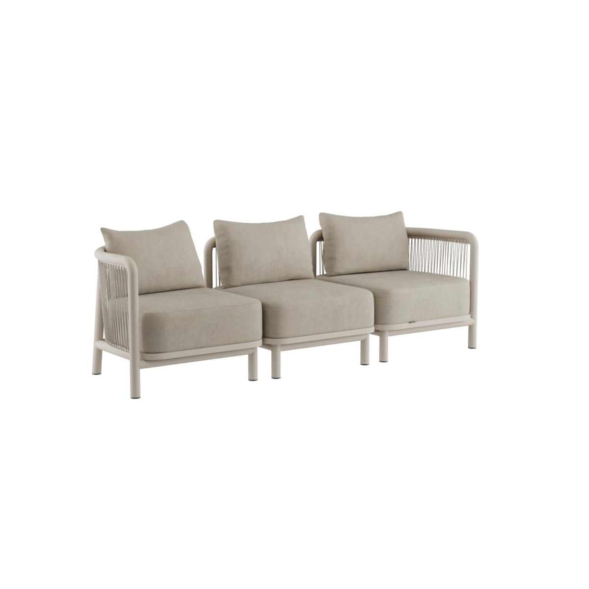 Kirra loungesofa med tre moduler i beige tekstil og flettede armlener fra sackit for nordiske uteområder