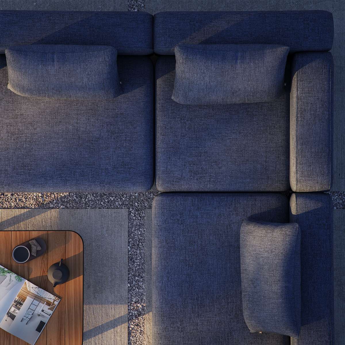Cobana Lounge Sofa hjørnesofa i svart med modulbasert design og puter i utendørsmiljø.