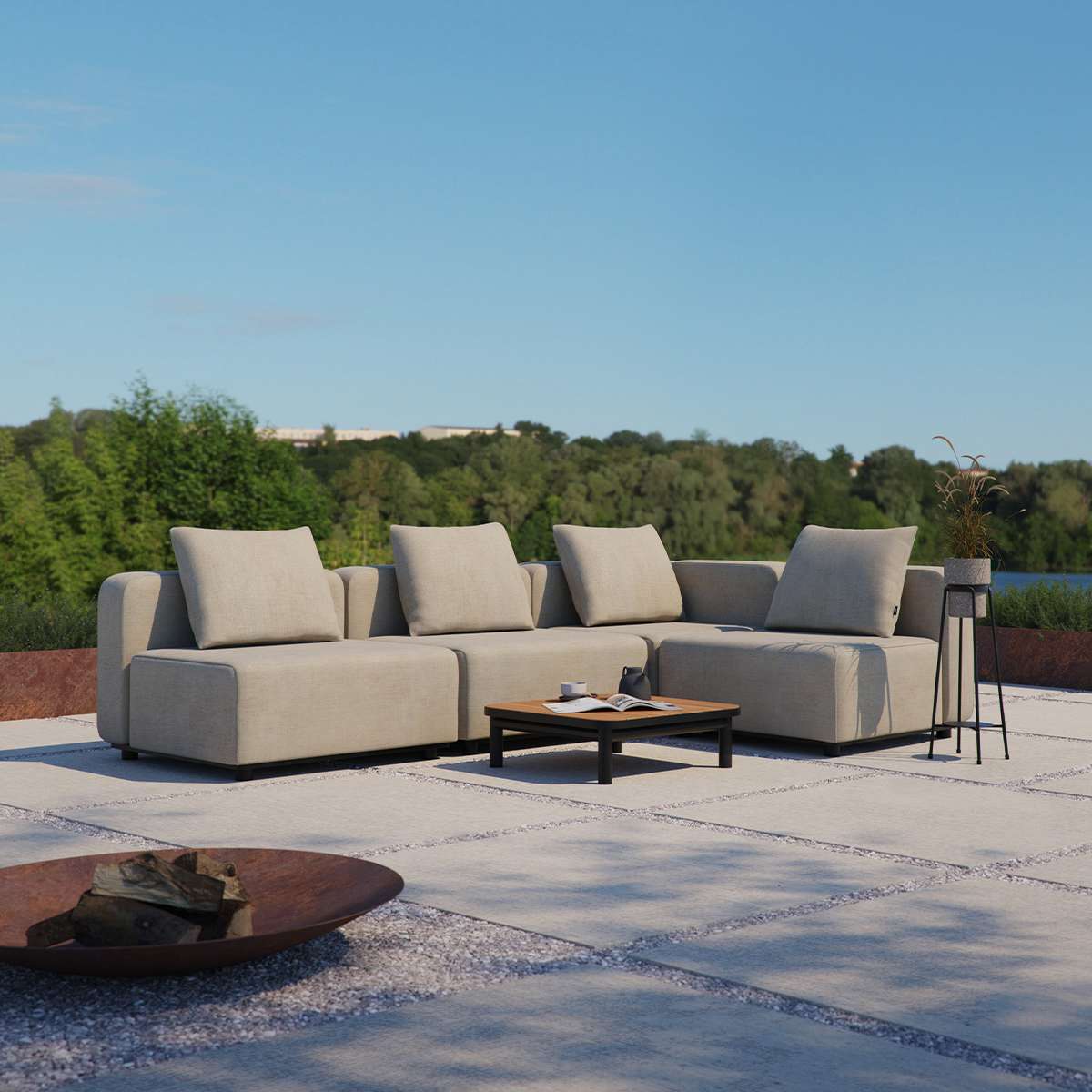 Cobana Lounge Sofa hjørnesofa i svart med aluminiumsramme og puter i olefintekstil.