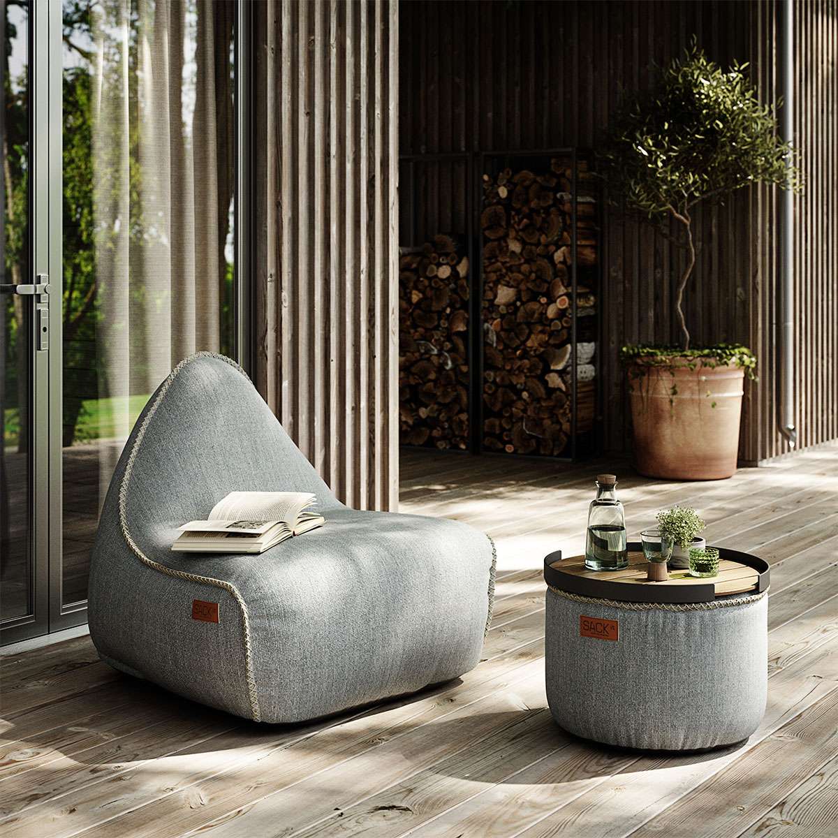 Cobana Lounge Chair i sand melange med linsting, vanntett og holdbar sakkosekk med ryggstøtte.