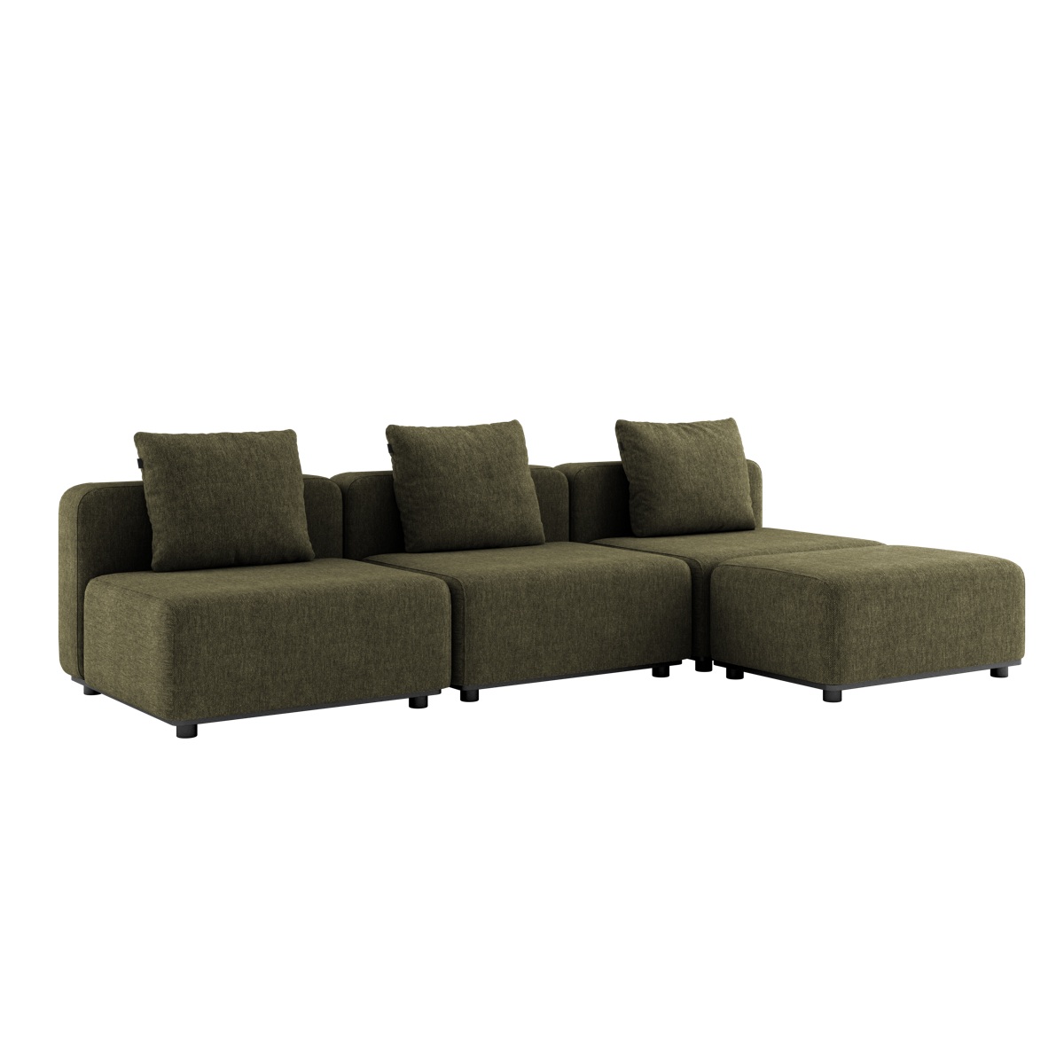 Olivegrønn modulsofa med tre seter og puff i et moderne design med myke puter og lave armlener til uteplassen