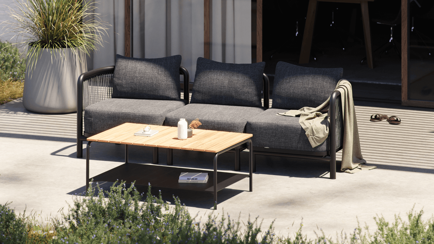 Patio Coffee Table - 110x70 - Sofabord for utendørs bruk i pulverlakkert aluminium og teaktre