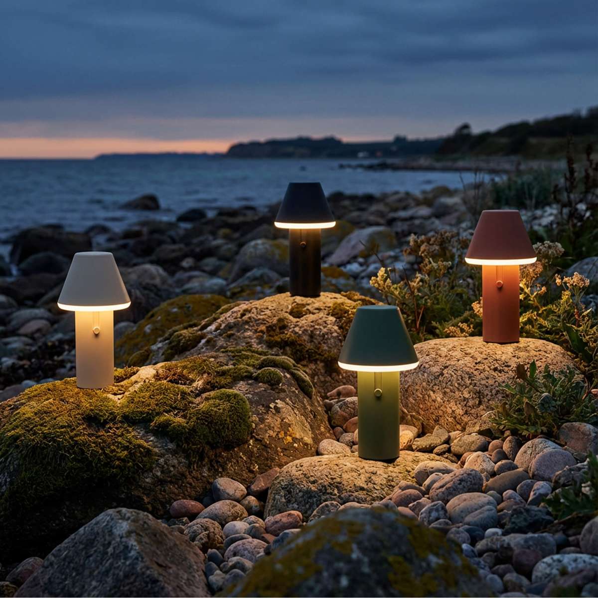 Fire trådløse bordlamper fra sackit lyser varmt på en steinete strand ved sjøen i skumringen med værbestandig design for nordisk utendørsbruk