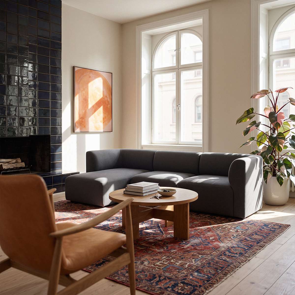 Mørk grå Fjord sofa med venstrevendt sjeselong i lys nordisk stue med mønstret teppe trebord peis og store vinduer fra sackit
