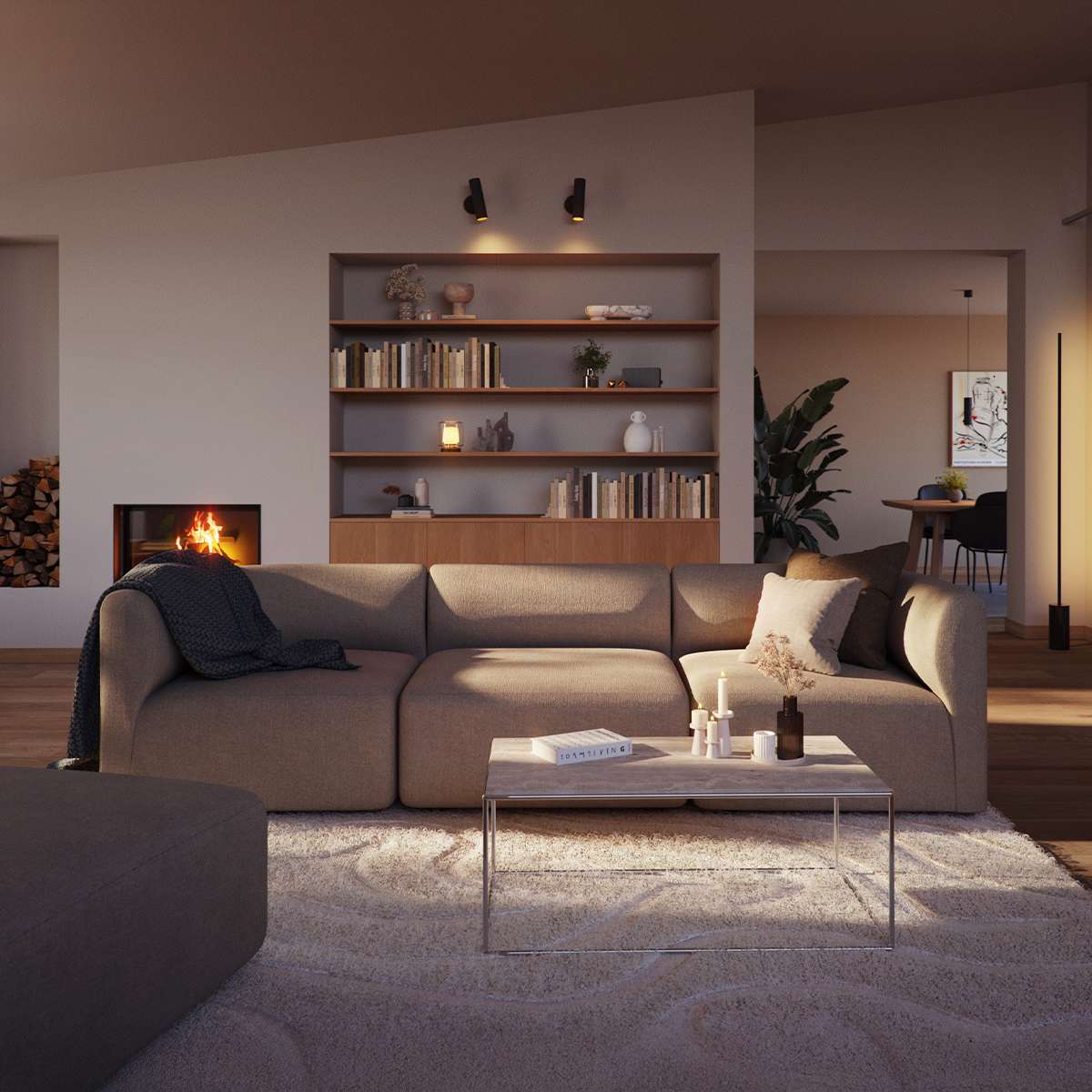 Fjord Sofa 3-seter med myke linjer og skandinavisk design i lyst rom uten puff.