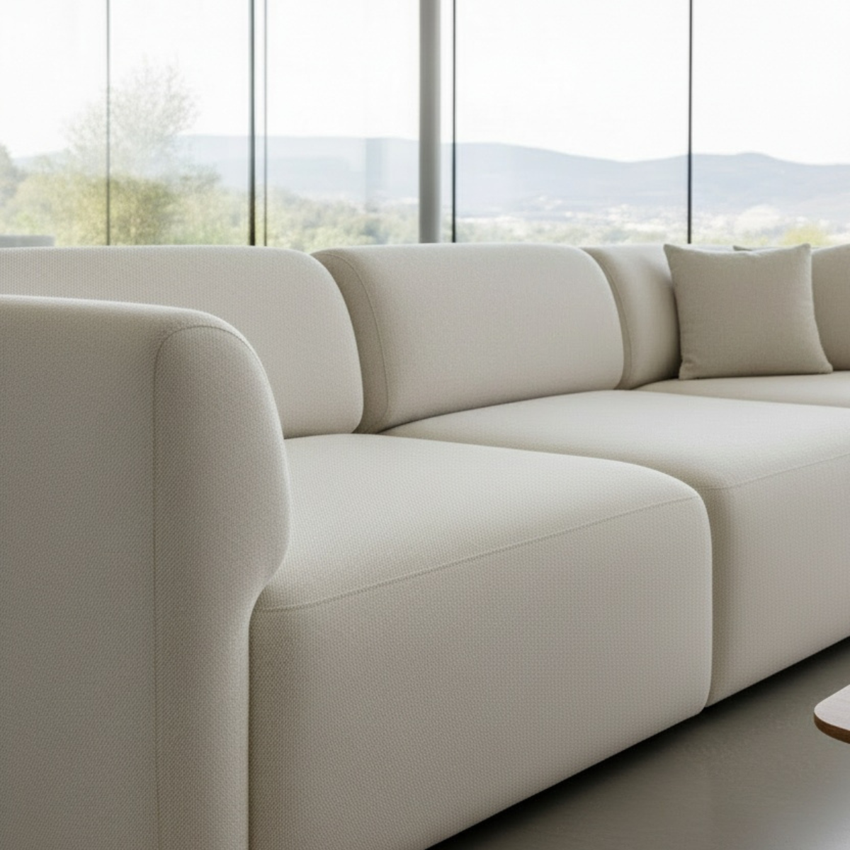 Hjørnesofa med myke linjer i lyst, nøytralt stoff med skandinavisk design.