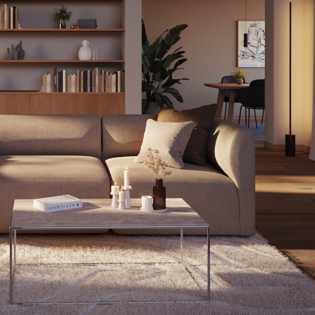 Hjørnesofa med høyre modul i rolig, skandinavisk design med myke linjer og avrundede kanter.
