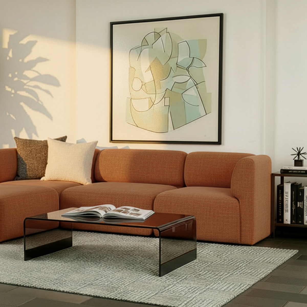 Fjord Sofa hjørnesofa i myk terracottafarget tekstil med avrundede kanter og skandinavisk design.