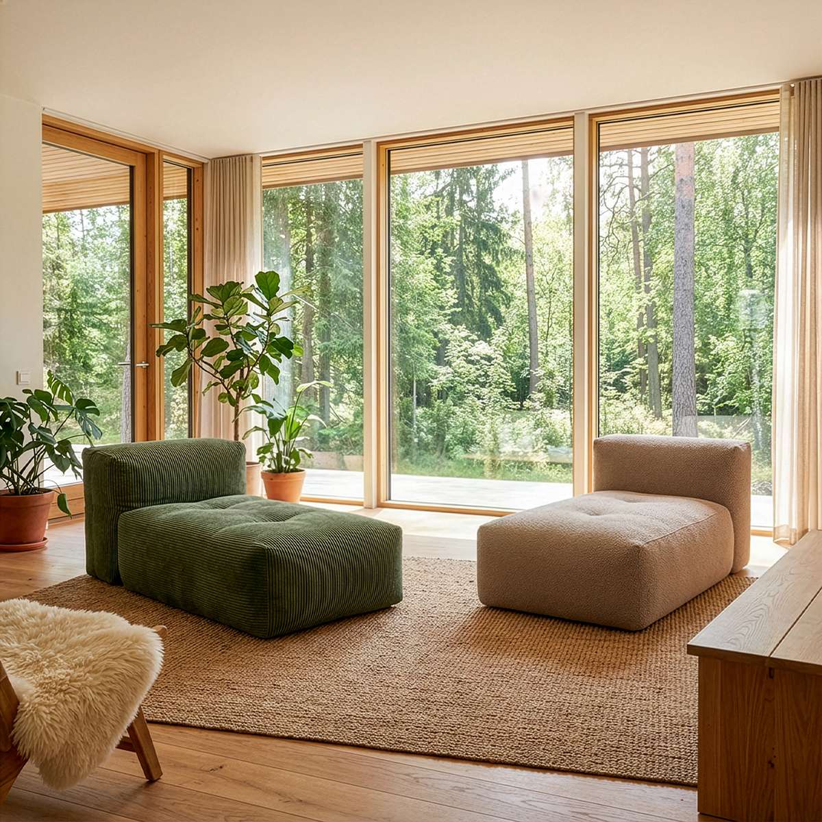 Soft Sofa Indoor lounger i olivengrønn corduroy med myk, modulbasert design og lav sittehøyde.