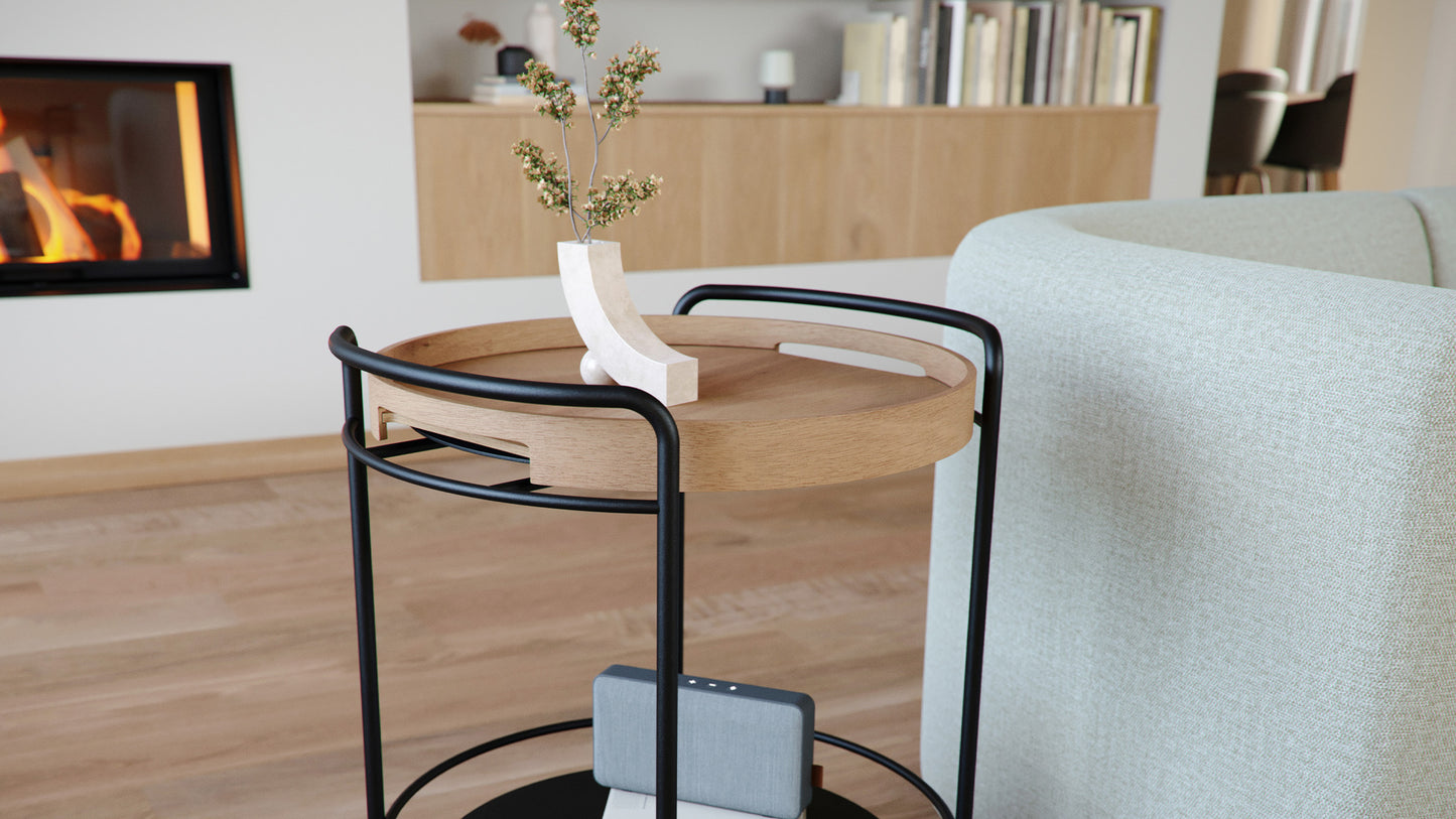 Serving Table w/ Nordic Serving Tray - Brettbord i stål med serveringsbrett i eikefiner