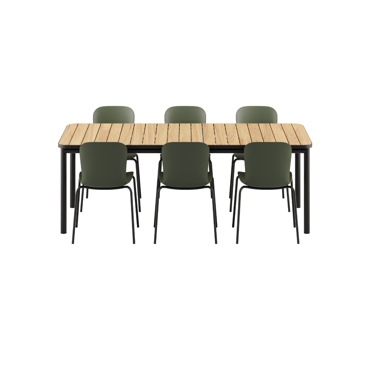 Kirra Dining Table 210x90 med pulverlakkert aluminium og teakplate, omgitt av seks Patio Chair no. One S2 i Olive/Noir.