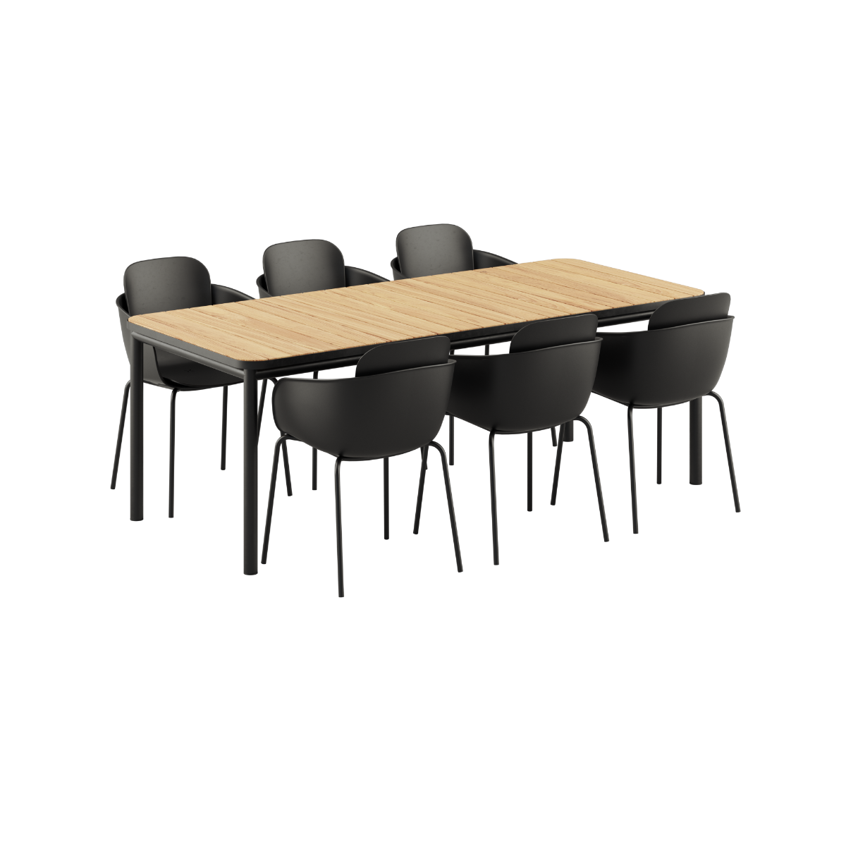 Kirra Dining Table 210x90 cm med svart keramikkplate og 6 svarte Patio Chair no. One S2 stoler i aluminium.