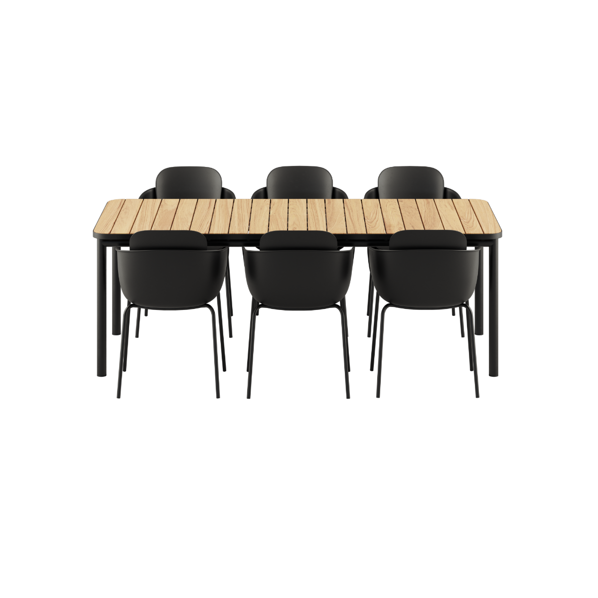 Kirra Dining Table 210x90 med pulverlakkert aluminium og teakplate, omgitt av seks Patio Chair no. One S2 i olive og noir.