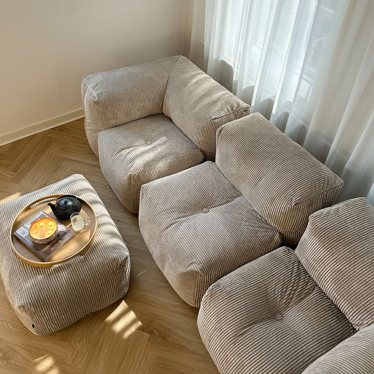 Soft Sofa Indoor 3-seters sofa i olivengrønn corduroy med myk og modulær design.