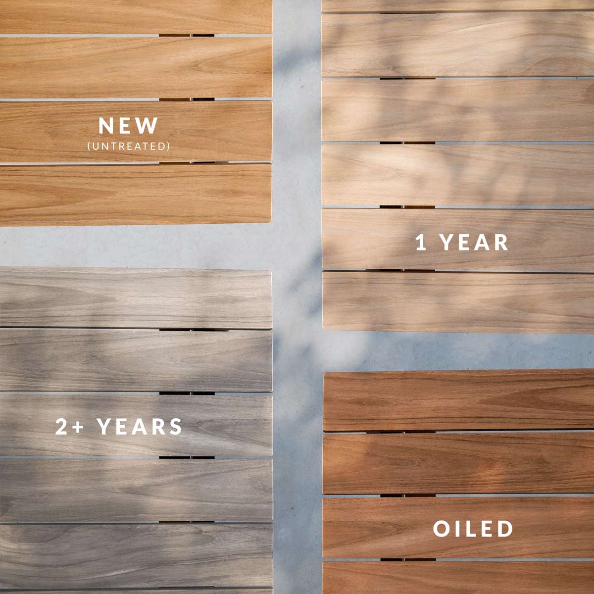 Rektangulært utendørs spisebord i pulverlakkert aluminium med teak bordplate og avrundede ben.