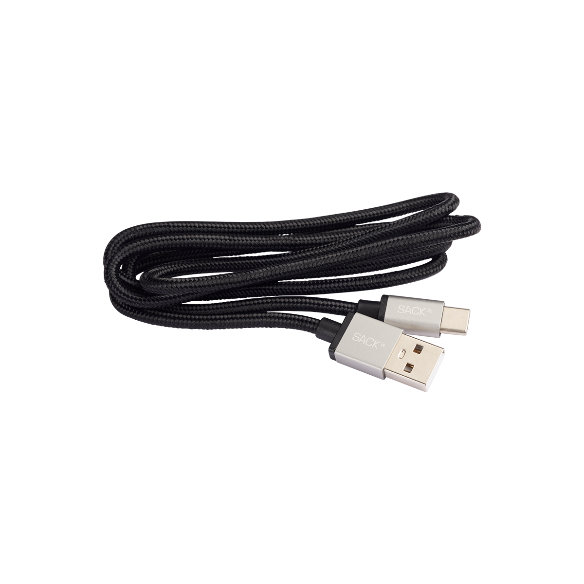 Svart USB-C ladekabel med stoffledning, 1 meter lang.