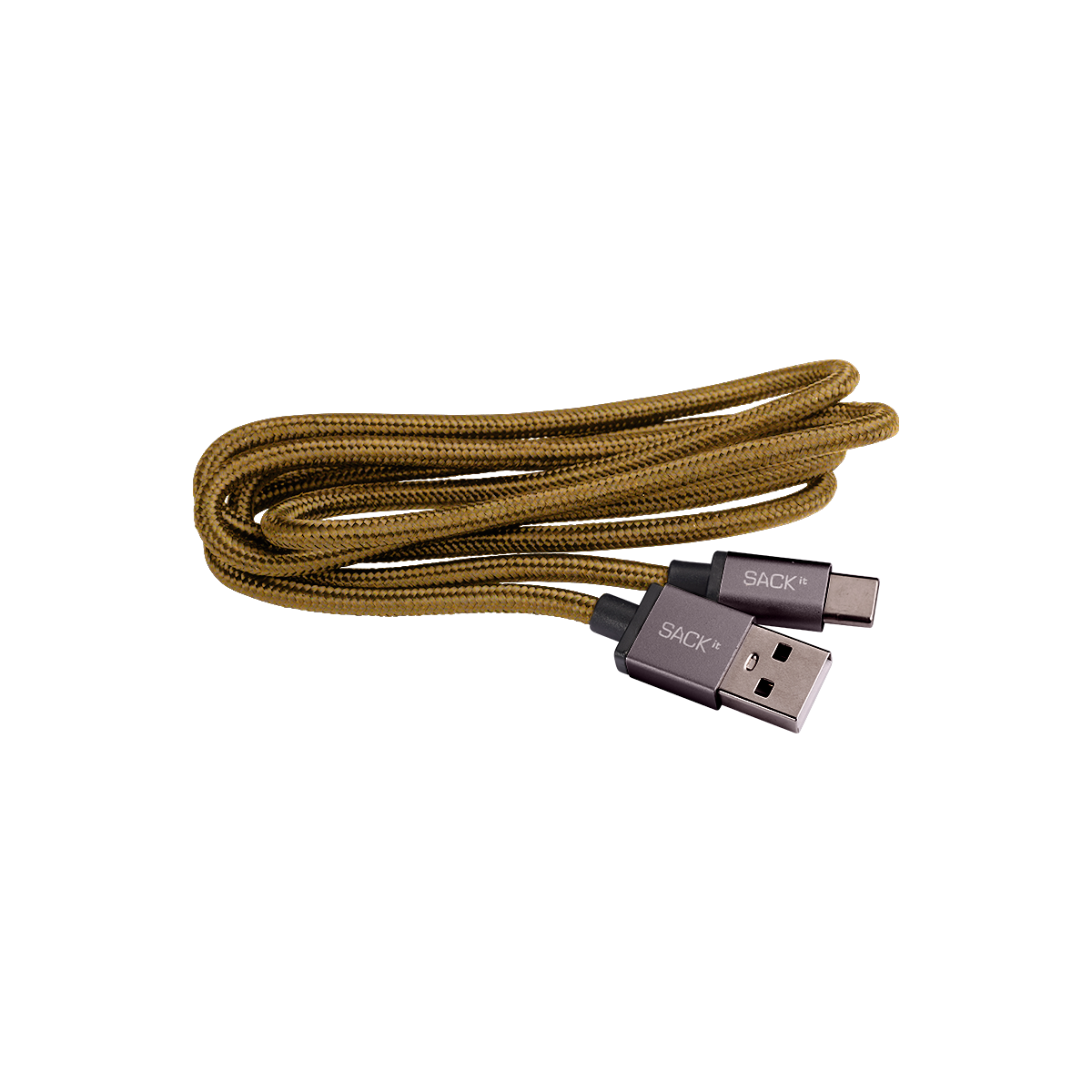 USB-C laderkabel i curry farge med stoffkledd ledning, 1 meter lang.