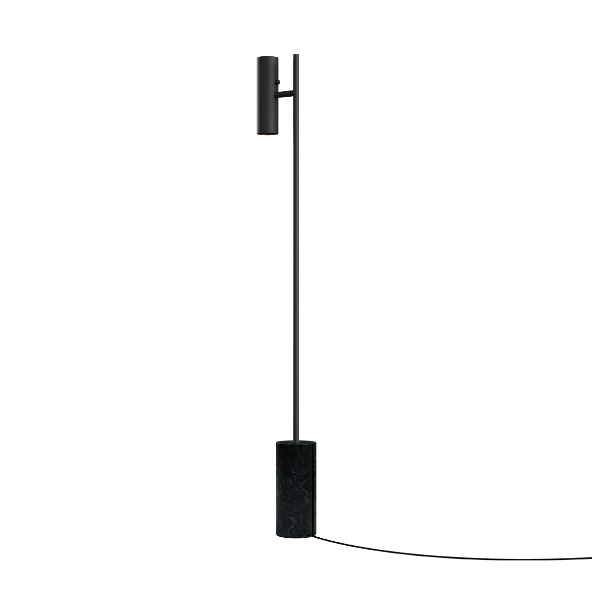 Expo Floor gulvlampe i svart aluminium med marmor sokkel og varm belysning, høyde 131 cm.