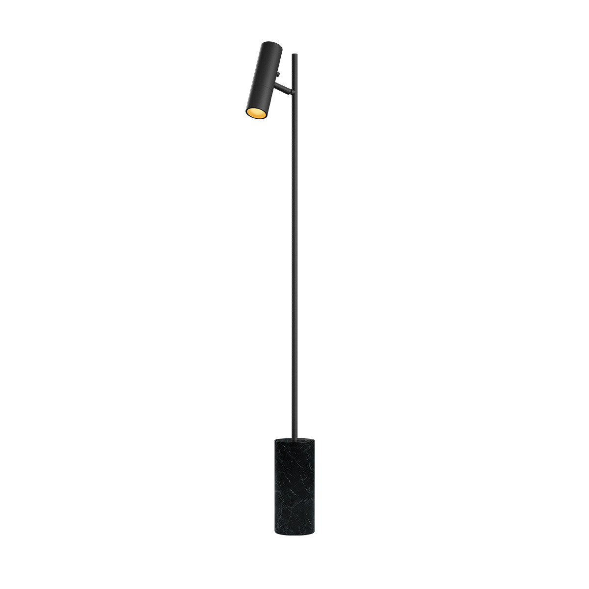 Expo Floor gulvlampe i svart aluminium med marmorbase og varm belysning.