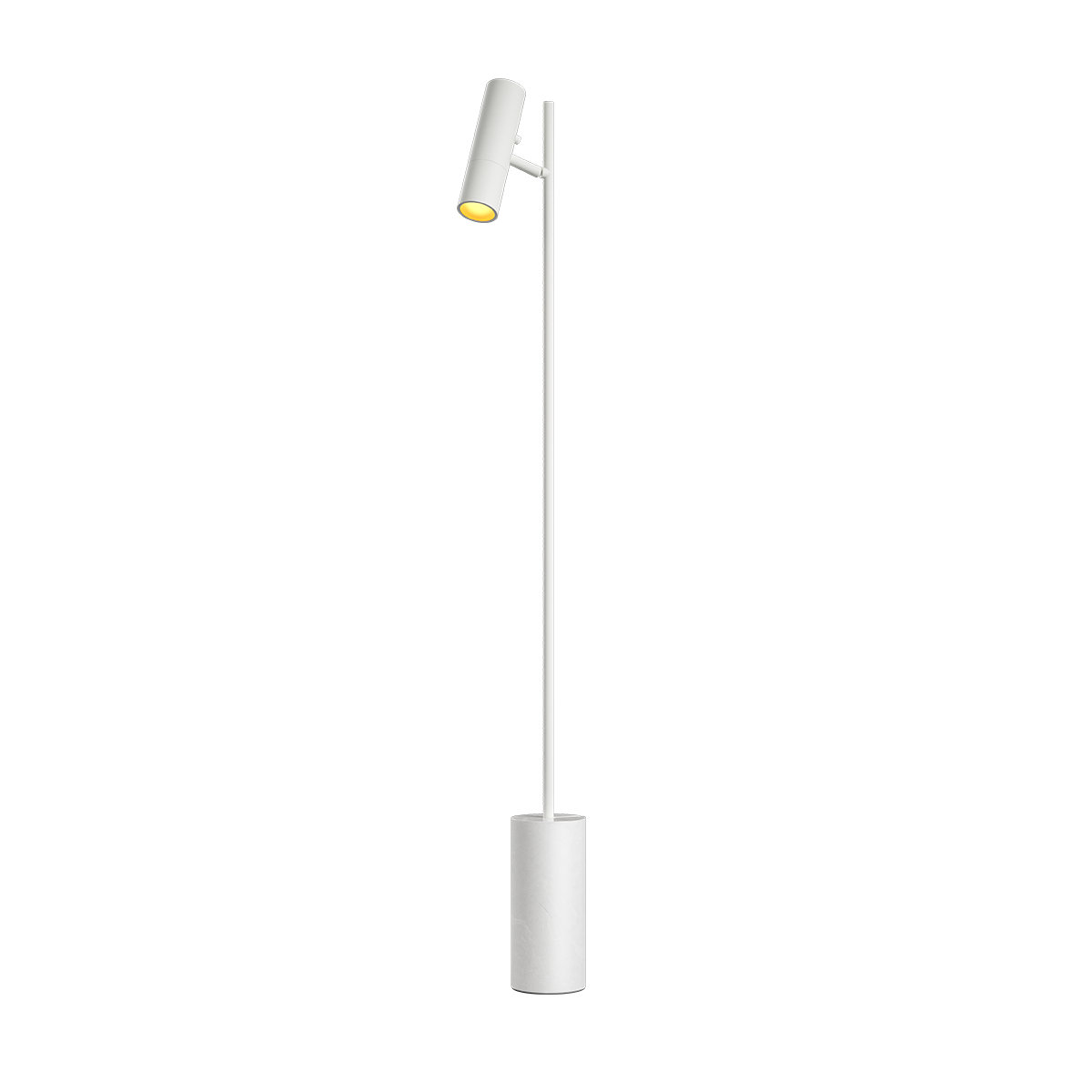 Expo Floor gulvlampe i hvit aluminium med marmorsokkel og varm belysning.