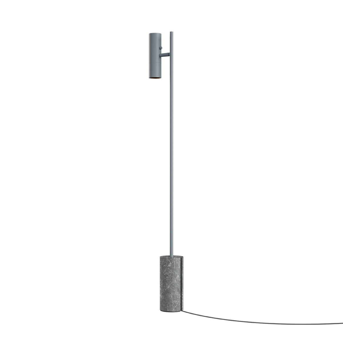 Grå Expo Floor gulvlampe i aluminium med marmorbase og varm belysning, høy og slank design.