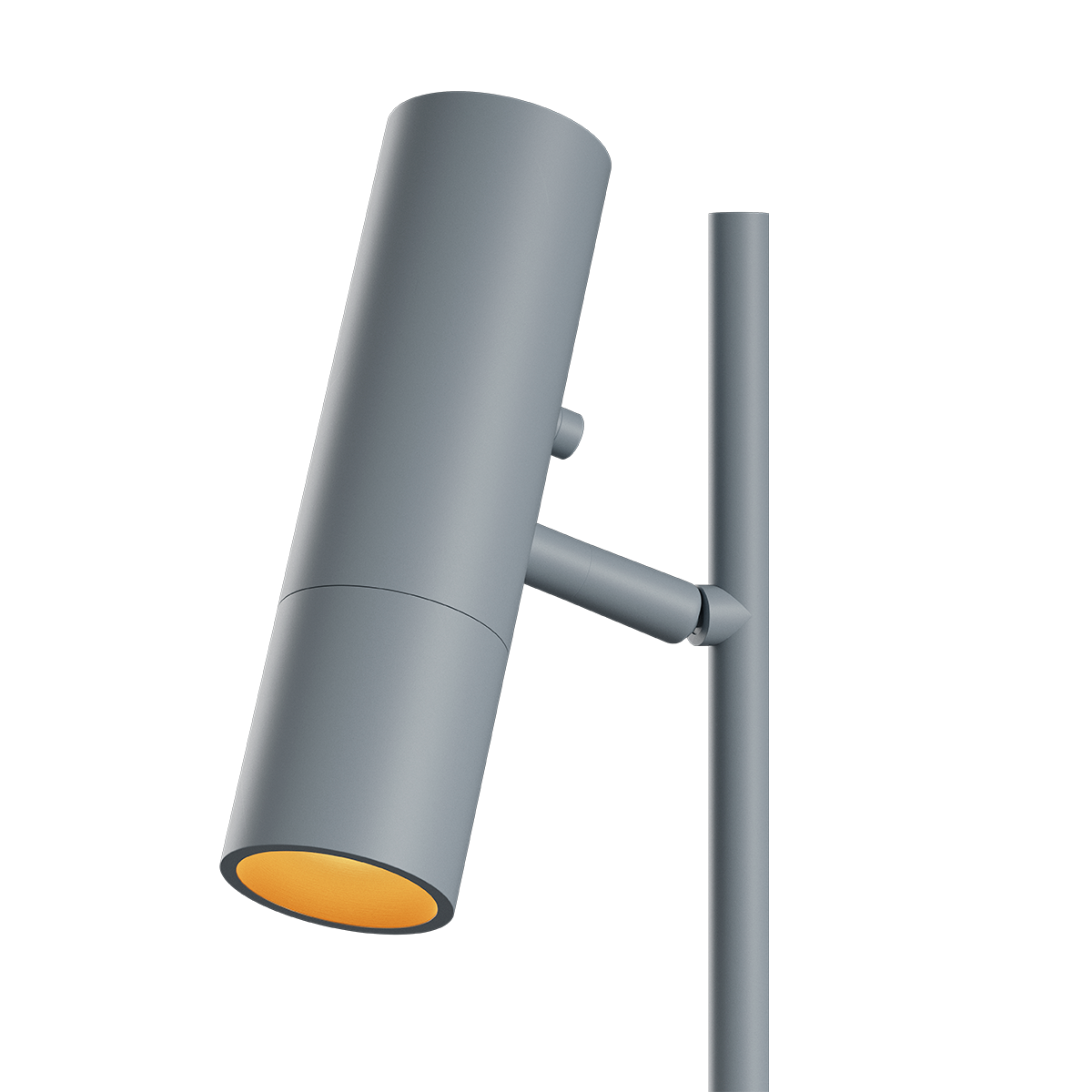 Grå Expo Floor gulvlampe i aluminium med marmorbase og varm belysning.