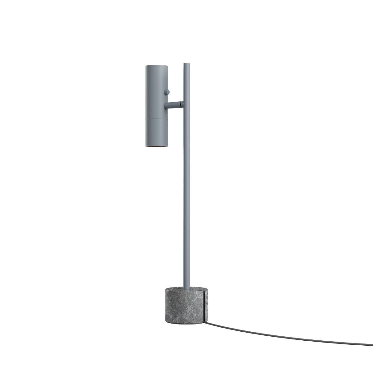 Grå Expo Table bordlampe med aluminiumskropp og marmorfot, innendørs belysning.