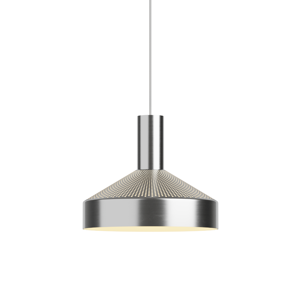 Dawn Pendant Ø25 i polert aluminium med perforert topp og hvit innerskjerm.
