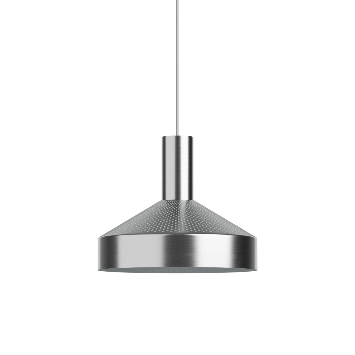 Dawn Pendant Ø25 i polert aluminium med perforert topp og hvit innerskjerm, innendørs belysning.