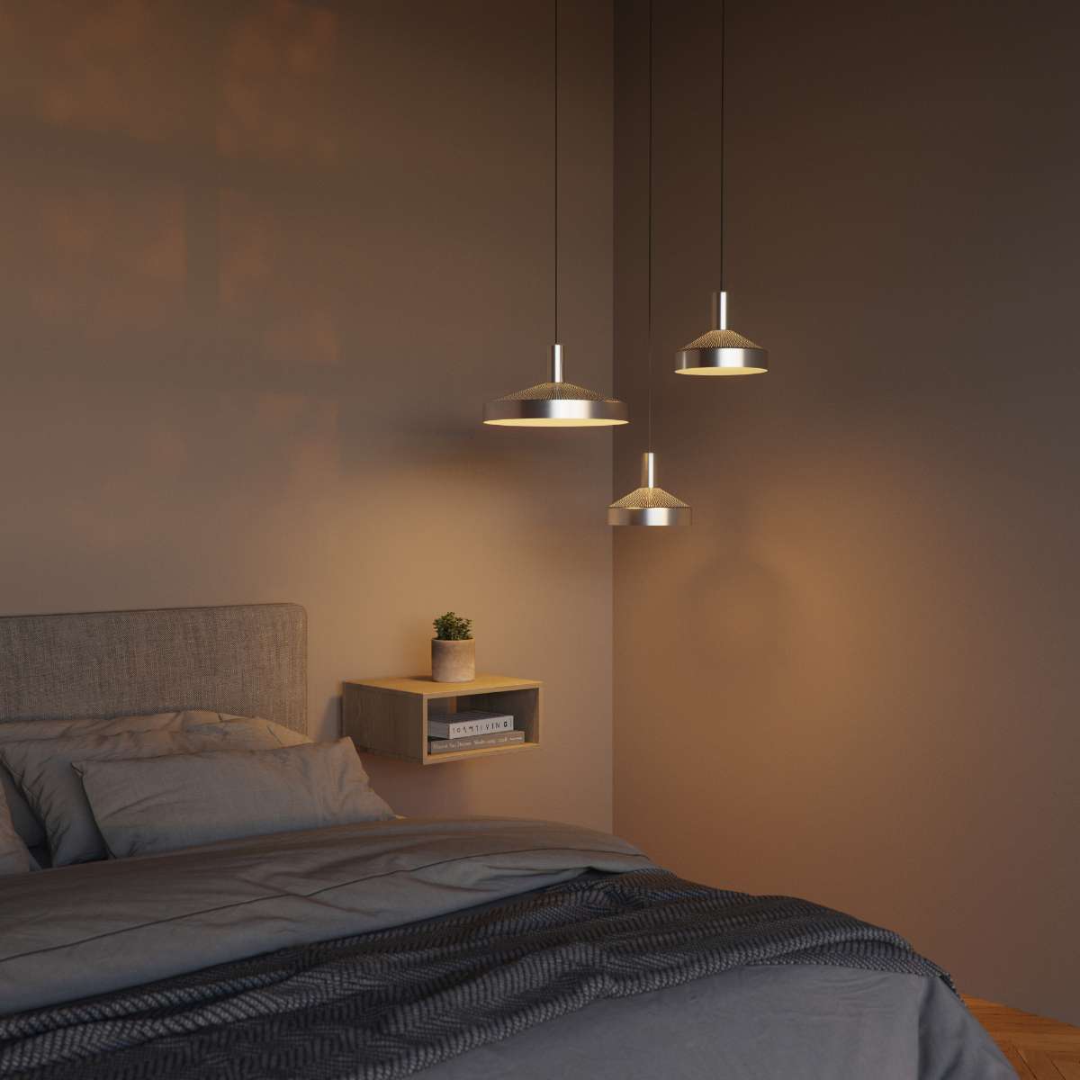 Polished Dawn Pendant Ø25 pendant light with perforated top and white inner shade hanging indoors