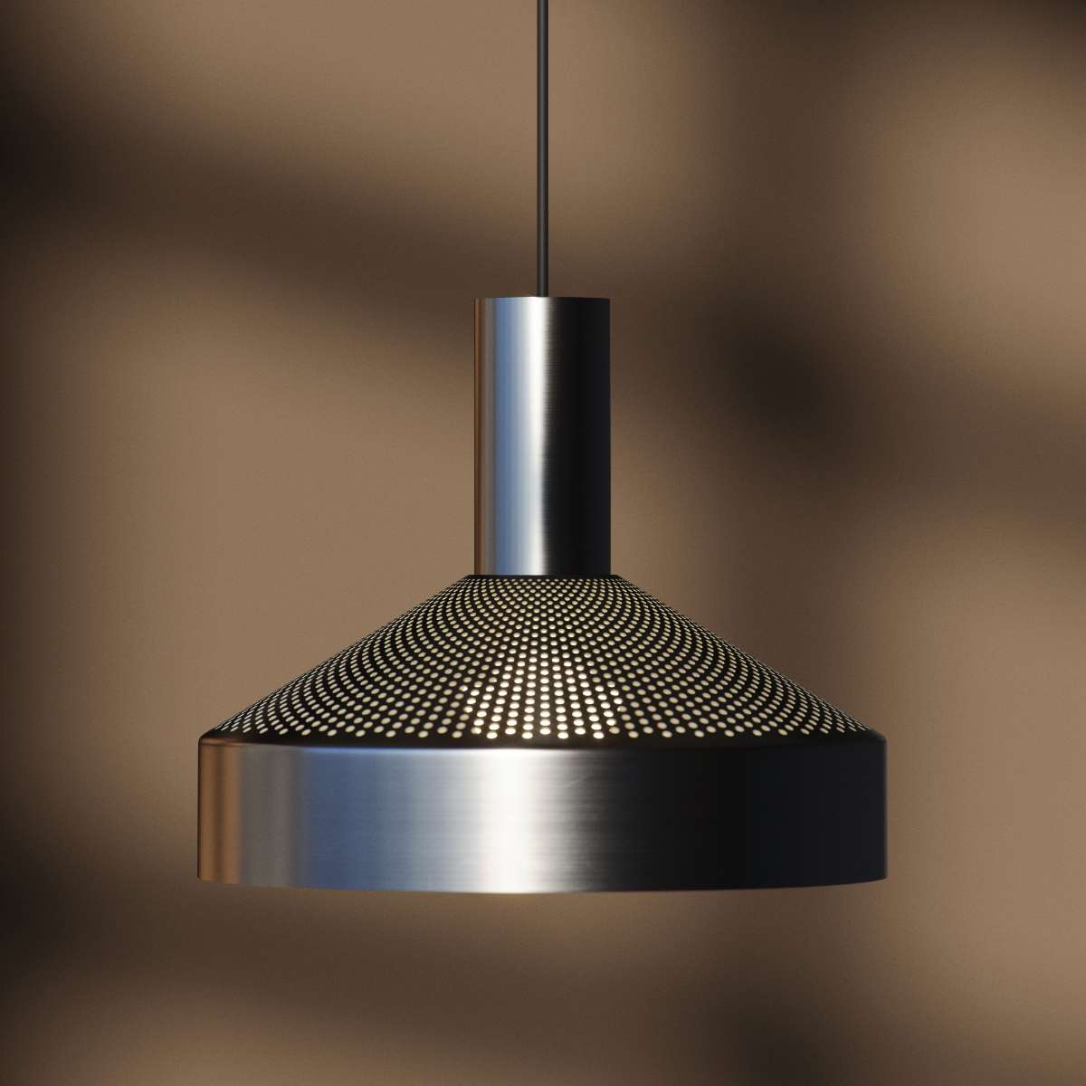 Dawn Pendant Ø25 i polert aluminium med perforert topp og hvit innerskjerm, hengende innendørs.