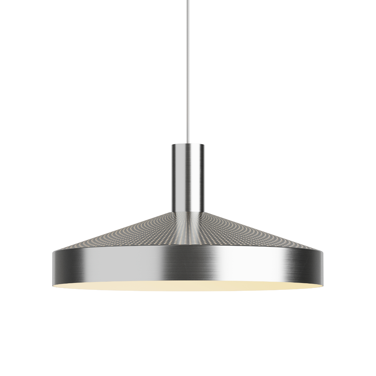 Dawn Pendant Ø40 i polert aluminium med perforert topp og hvit innerskjerm, hengende innendørs.