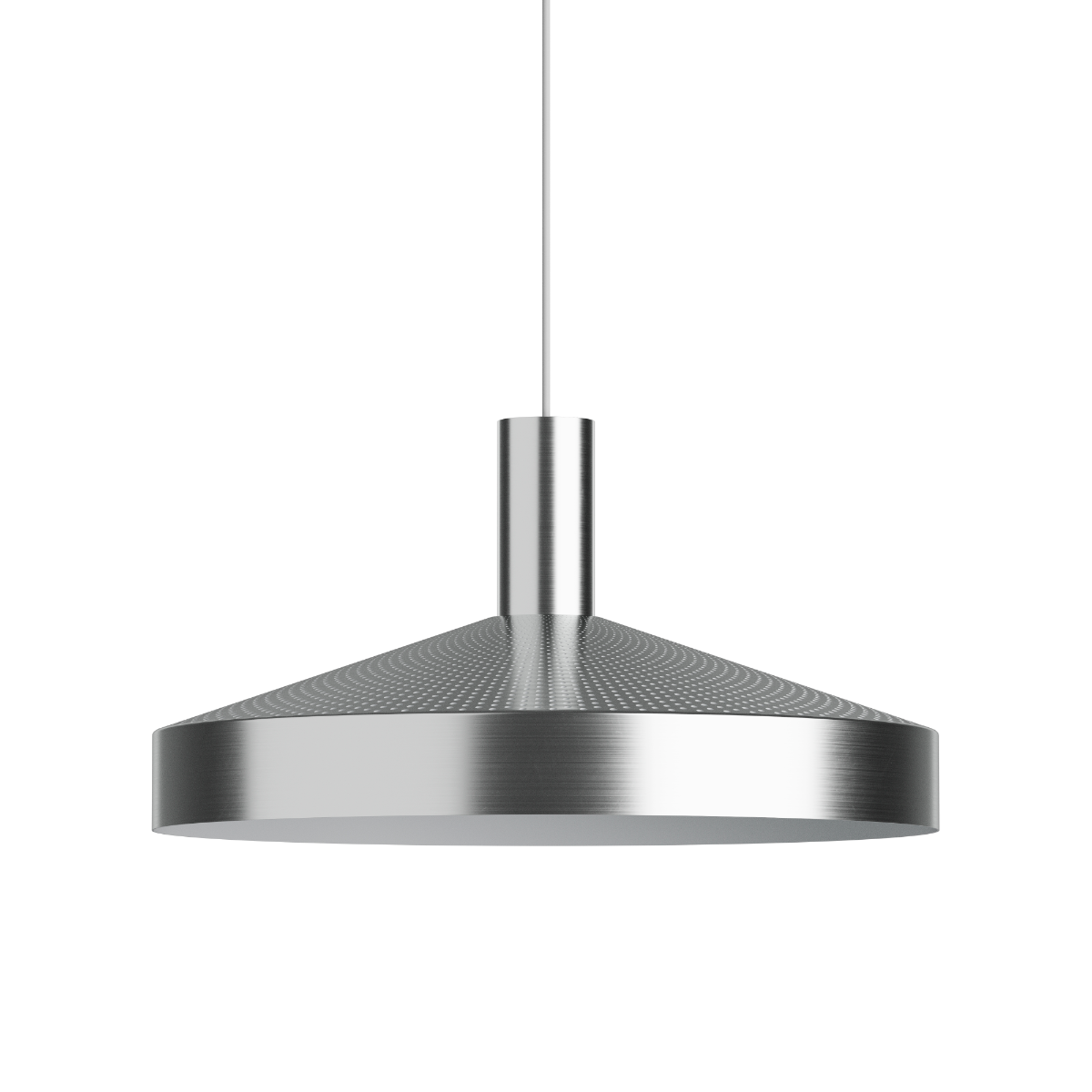 Dawn Pendant Ø40 i polert aluminium med perforert topp og hvit innerskjerm, hengende pendelampe.