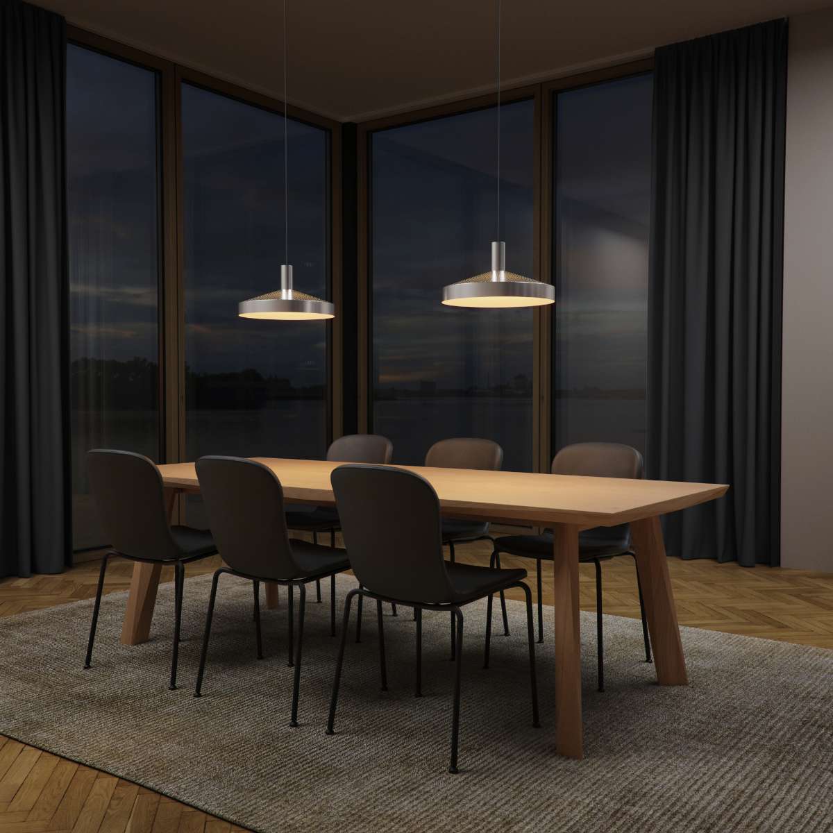 Dawn Pendant Ø40 i polert aluminium med perforert topp og hvit innerskjerm, hengende innendørs.