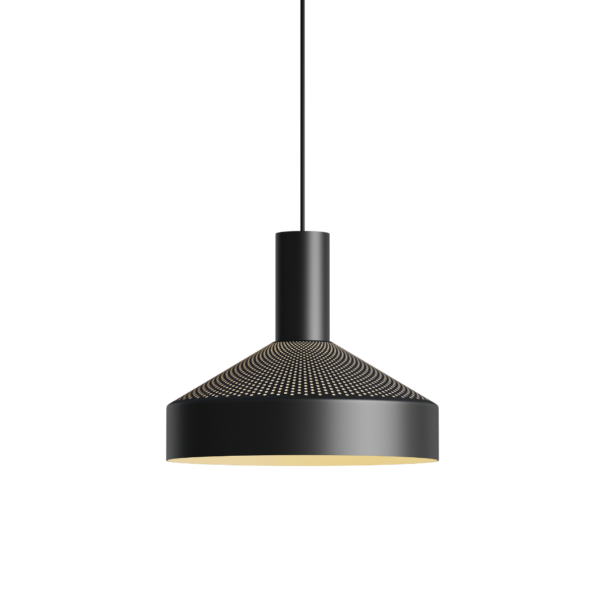 Dawn Pendant Ø25 svart aluminiumslampe med perforert topp og hvit innerskjerm, innendørs belysning.