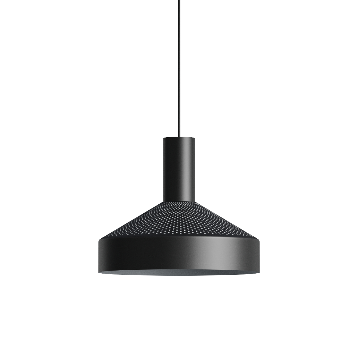 Dawn Pendant Ø25 i svart aluminium med perforert topp og hvit innerskjerm, innendørs belysning.