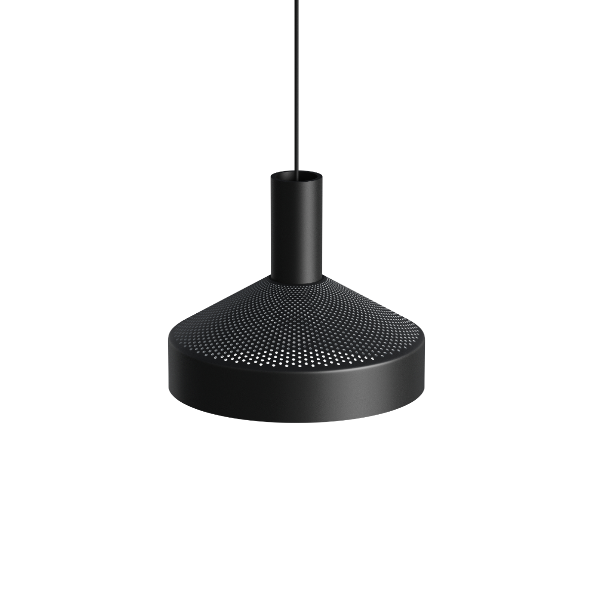 Dawn Pendant Ø25 svart aluminiumslampe med perforert topp og hvit innerskjerm, innendørs belysning.