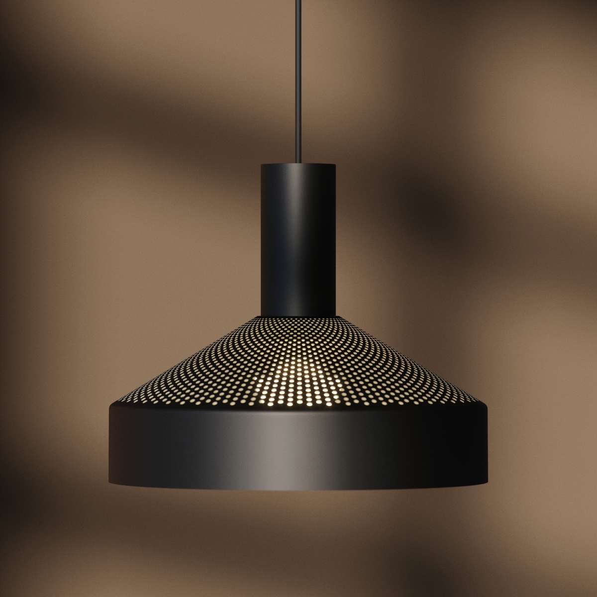 Svart Dawn Pendant Ø25 innendørs lampe i aluminium med perforert topp og hvit innerskjerm.