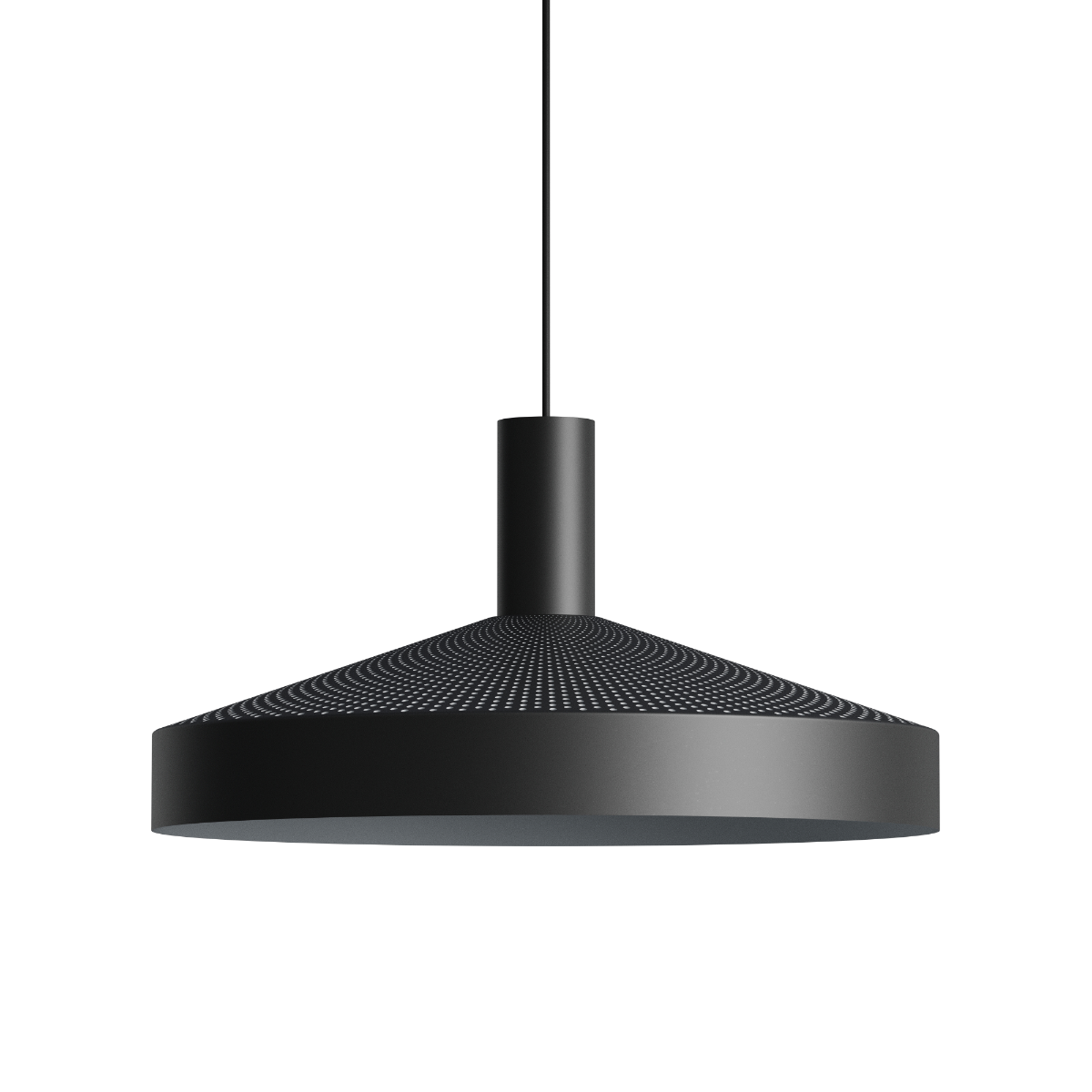 Svart Dawn Pendant Ø40 i aluminium med perforert topp og hvit innerskjerm, innendørs belysning.