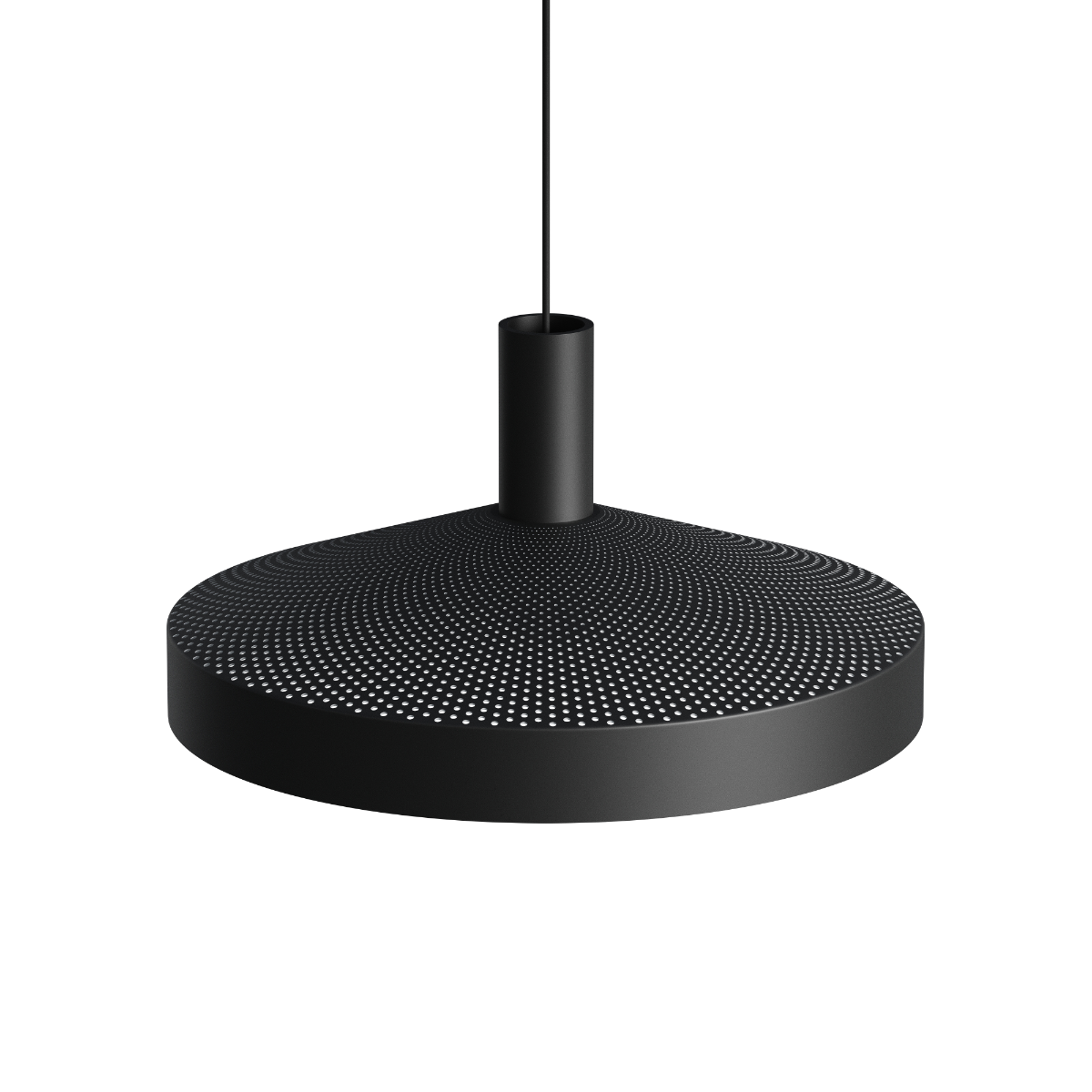Dawn Pendant Ø40 svart aluminiumslampe med perforert topp og hvit innerskjerm, innendørs belysning.
