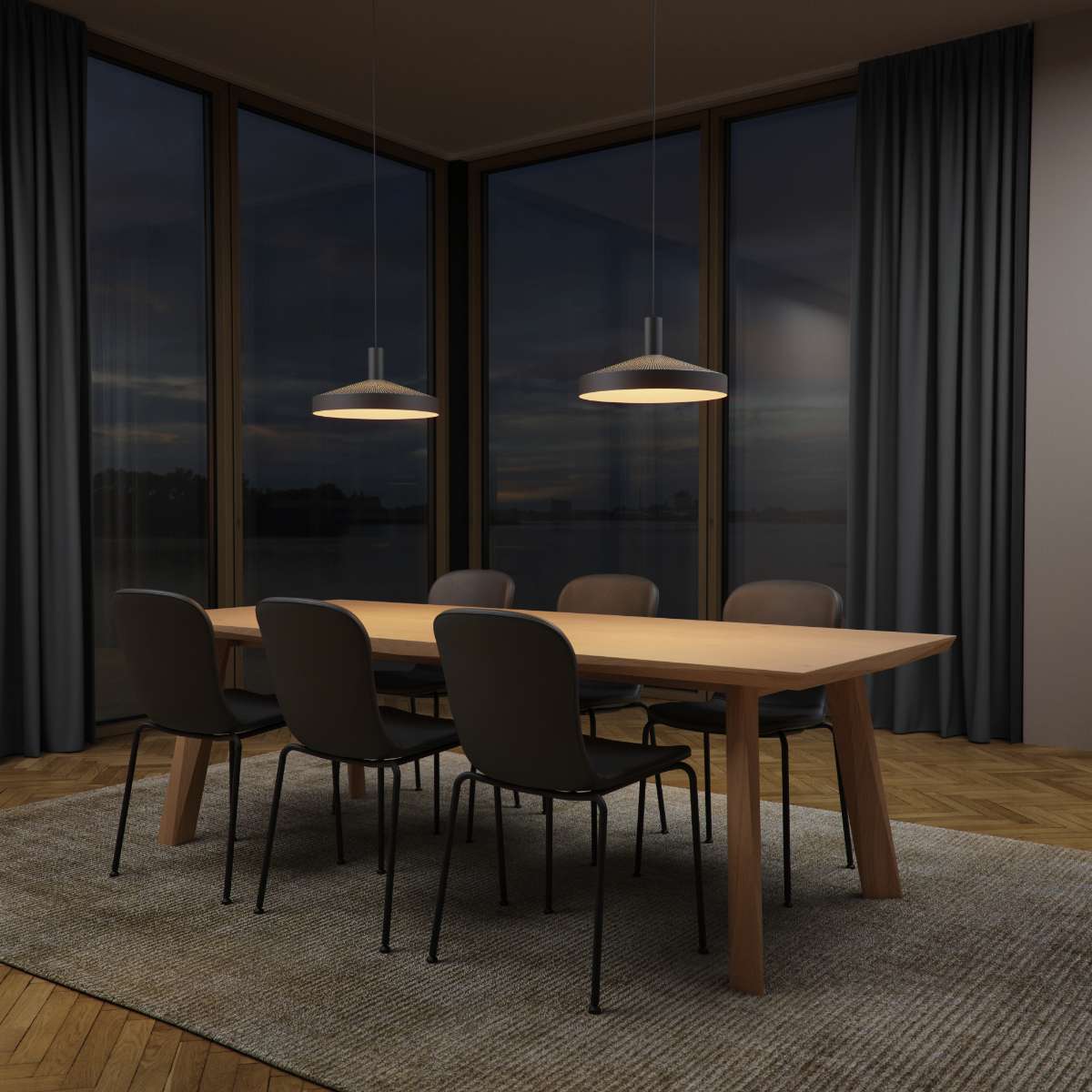 Svart Dawn Pendant Ø40 lampe i aluminium med perforert topp og hvit innerskjerm.