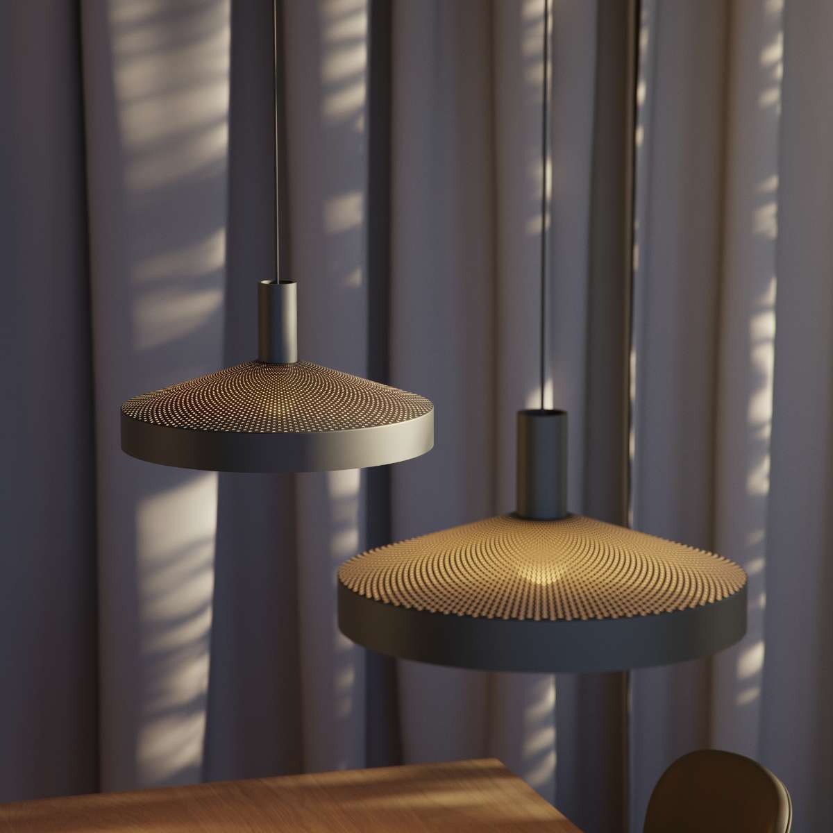 Dawn Pendant Ø40 svart aluminiumslampe med perforert topp og hvit innerskjerm, innendørs belysning.