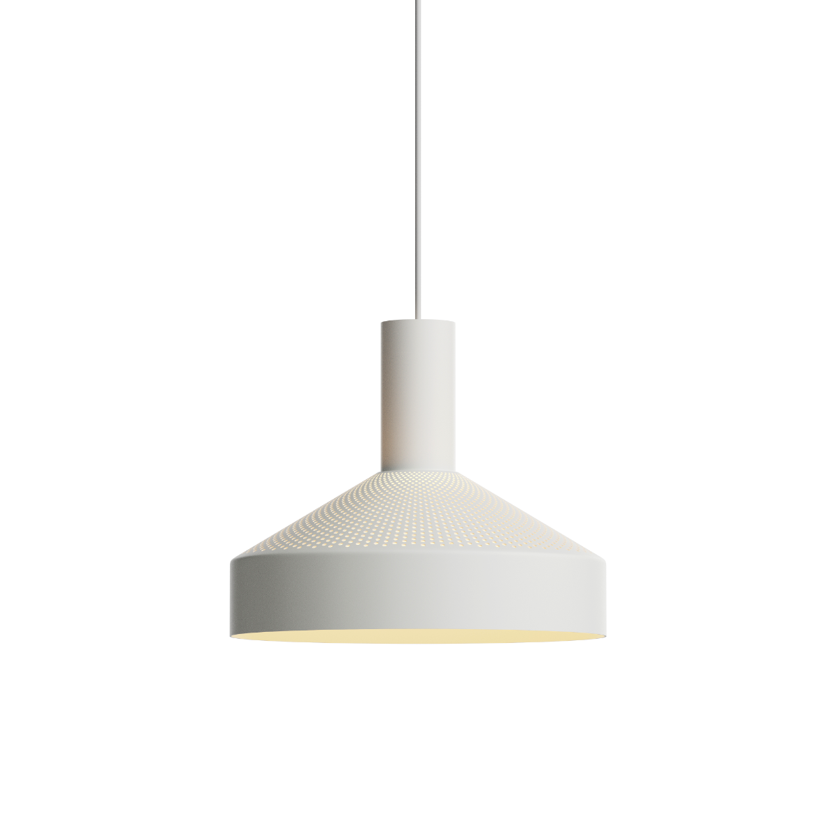 Hvit Dawn Pendant Ø25 i aluminium med perforert topp og hvit innerskjerm, innendørs belysning.