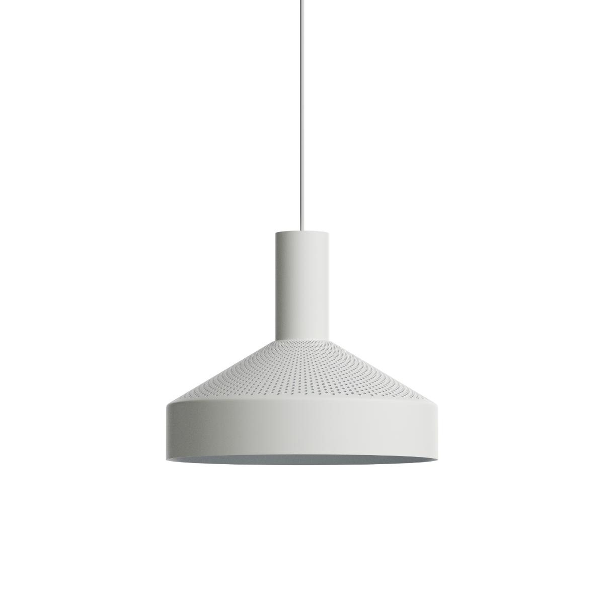Hvit Dawn Pendant Ø25 lampe i aluminium med perforert topp og hvit innerskjerm.