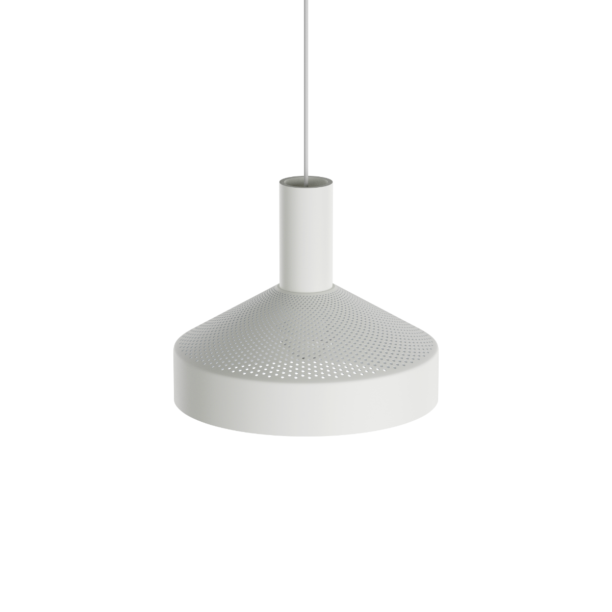 Hvit Dawn Pendant Ø25 lampe i aluminium med perforert topp og rund form, innendørs belysning.