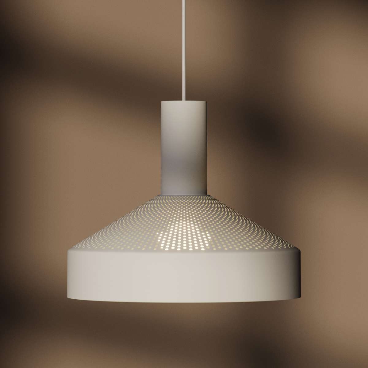 Hvit Dawn Pendant Ø25 lampe i aluminium med perforert topp og rund form, innendørs belysning.